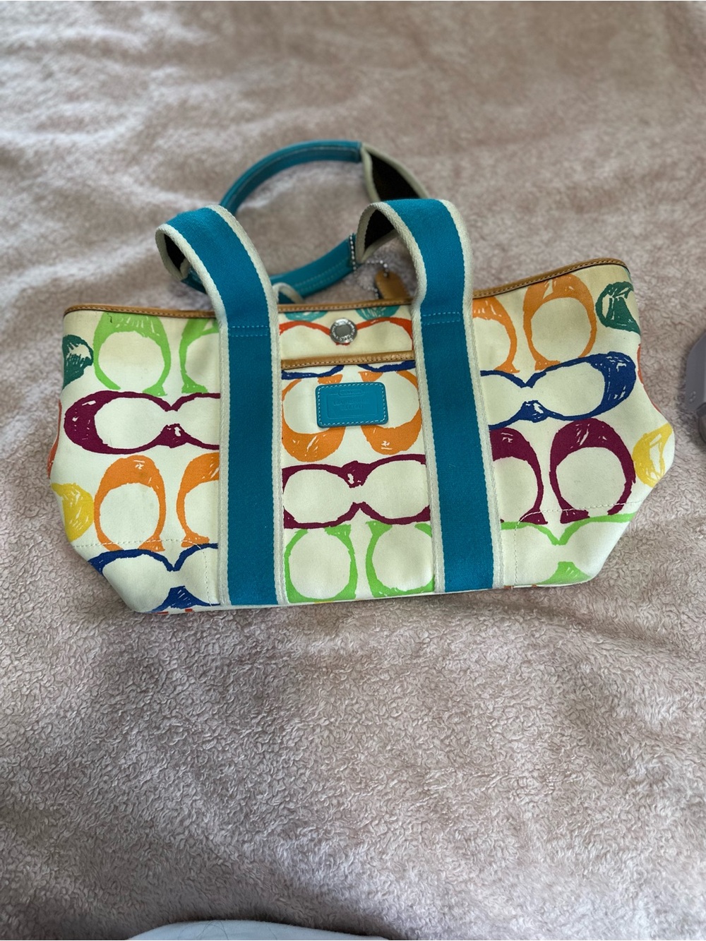 Coach Multicolor Signature Tote with Teal Straps
